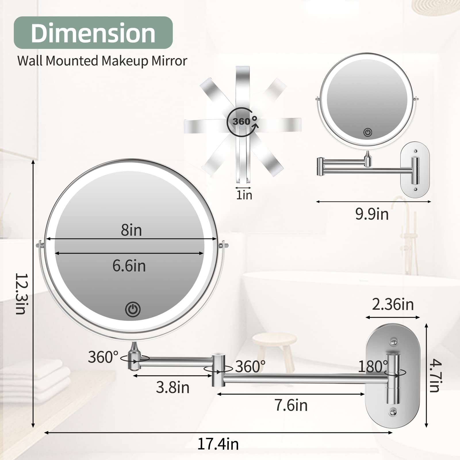 Rechargeable Wall Mounted Lighted Makeup Vanity Mirror 8 inch 1X/10X Magnifying Bathroom Mirror with 3 Color Lights, Double Sided with Dimmable LED Lights, Extended Arm 360° Swivel Extension Mirror