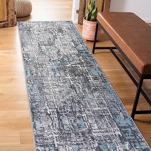 Rugshop Distressed Abstract Stain Resistant Soft Runner Rug 2' x 7' Blue