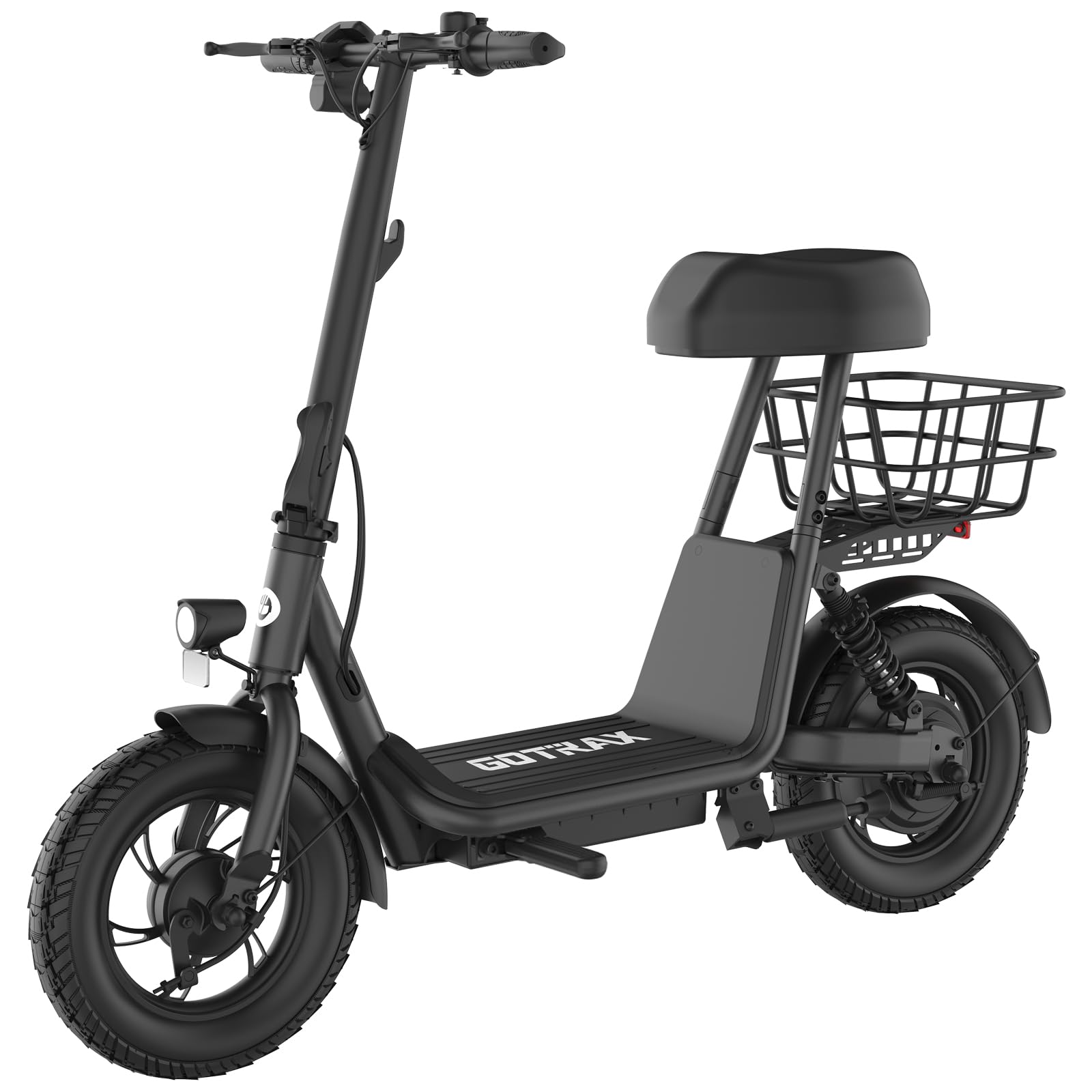 Gotrax A5 Electric Scooter w/Seat for Adults, 12" Pneumatic Tire, Max 15.5 Miles&15.5 Mph Power by 400W Motor, Dual Rear Shock Absorber&Dual Brake, Comfortable Wider Seat&Carry Basket& Hook, Black
