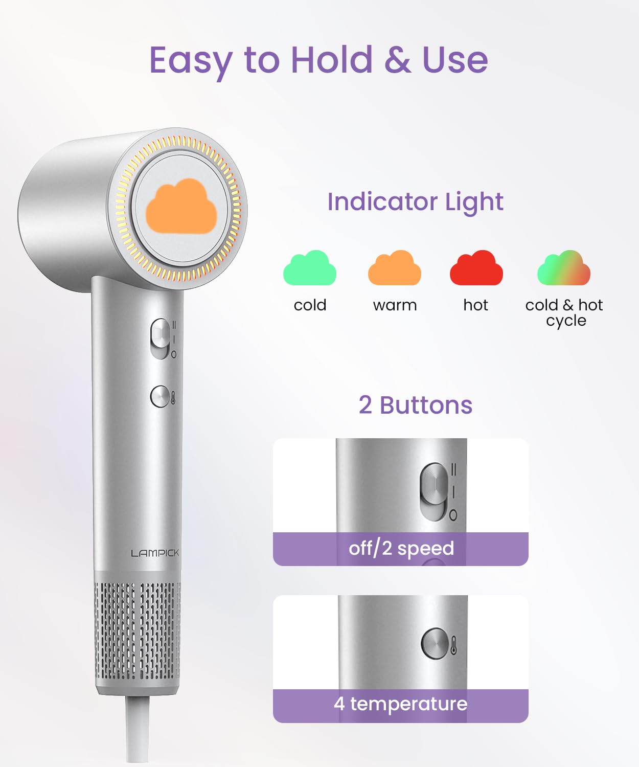 LAMPICK Hair Dryer, Ionic High Speed Blow Dryer with Diffuser Nozzle for Fast Drying, 2 Speeds & 4 Temps, Professional Compact Lightweight Hairdryer for Women Men Travel