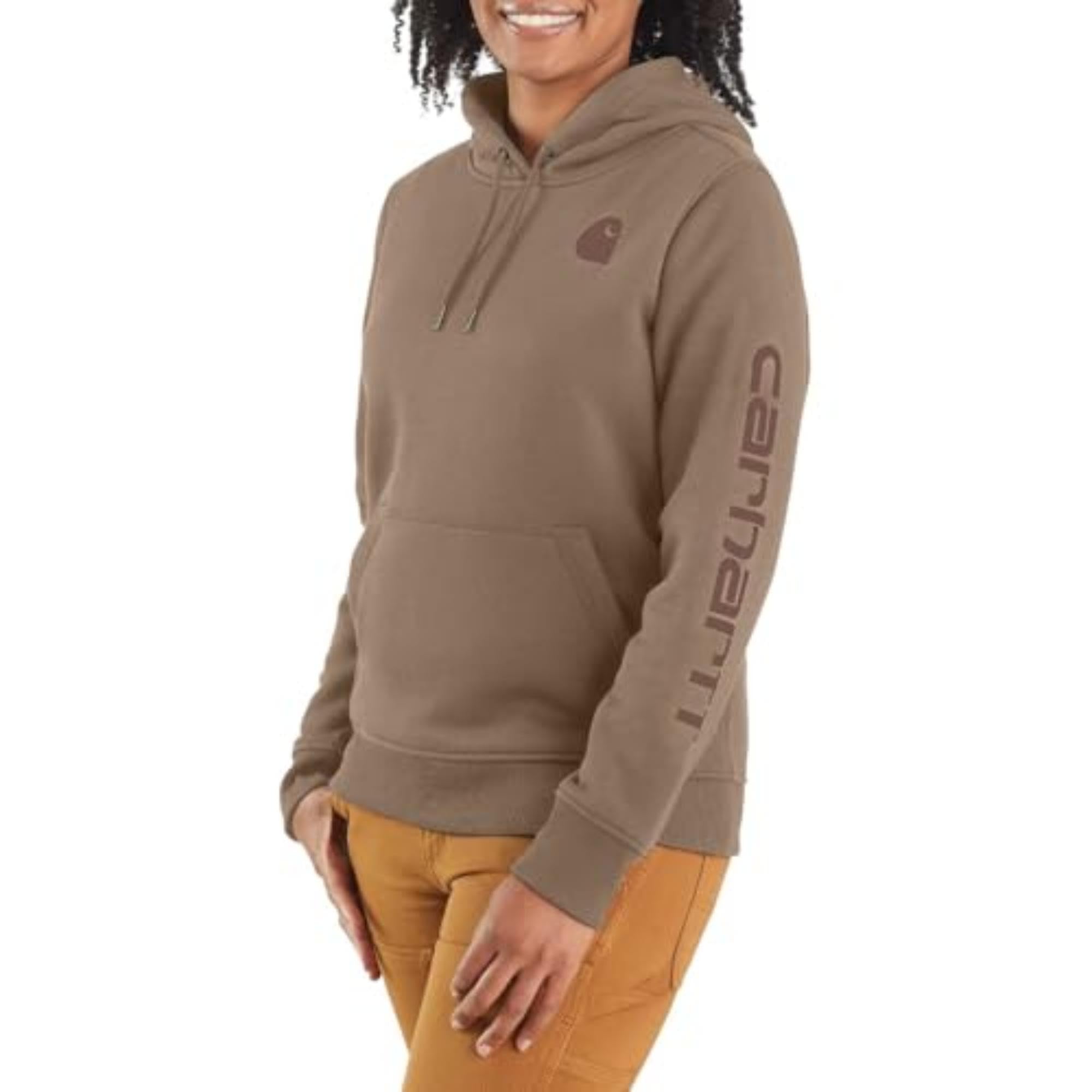 Carhartt Women's Relaxed Fit Midweight Logo Sleeve Graphic Sweatshirt (Also Available in Plus Sizes), Flaxseed, Medium