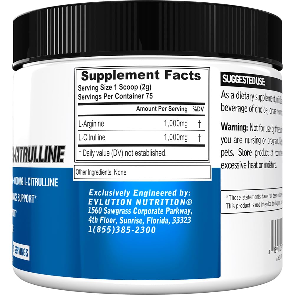 Evlution Nutrition L-Arginine + L-Citrulline - Endurance + Workout Performance Supplement - 2000mg Complex - Vasodilation + Nitric Oxide Support - Vegan + Gluten Free Powder - 75 Servings