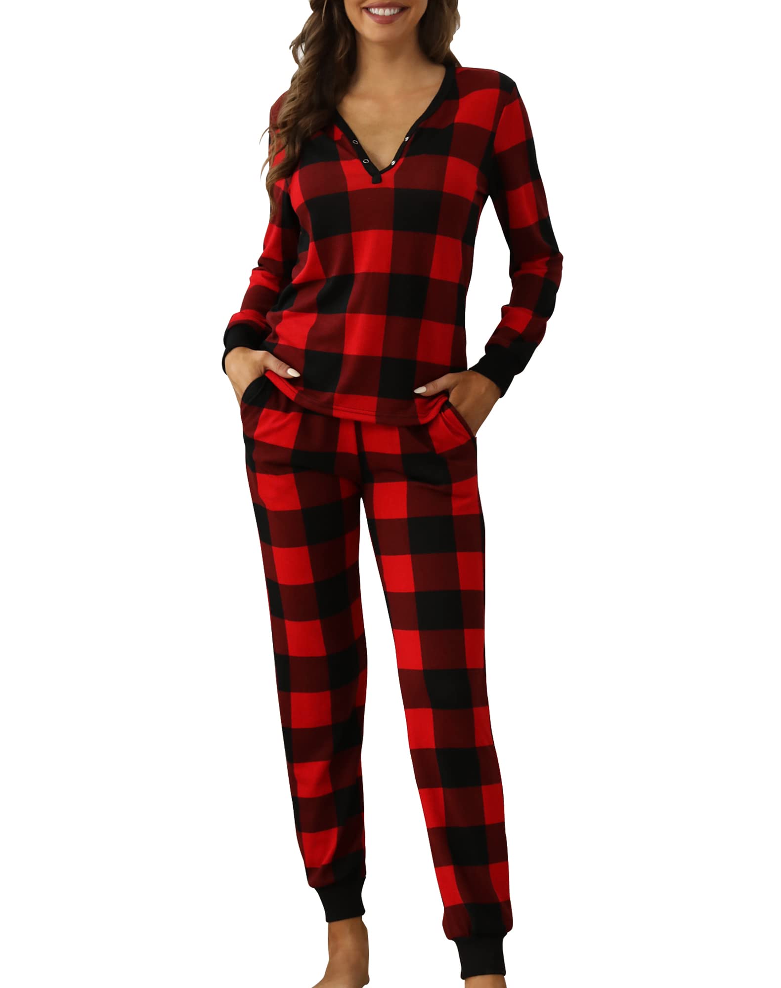 Smile Fish Womens Christmas Pajamas Set Long Sleeve Henley Neck Buffalo Plaid PJS Joggers Pants Loungewear Cotton Blend Red Black,M