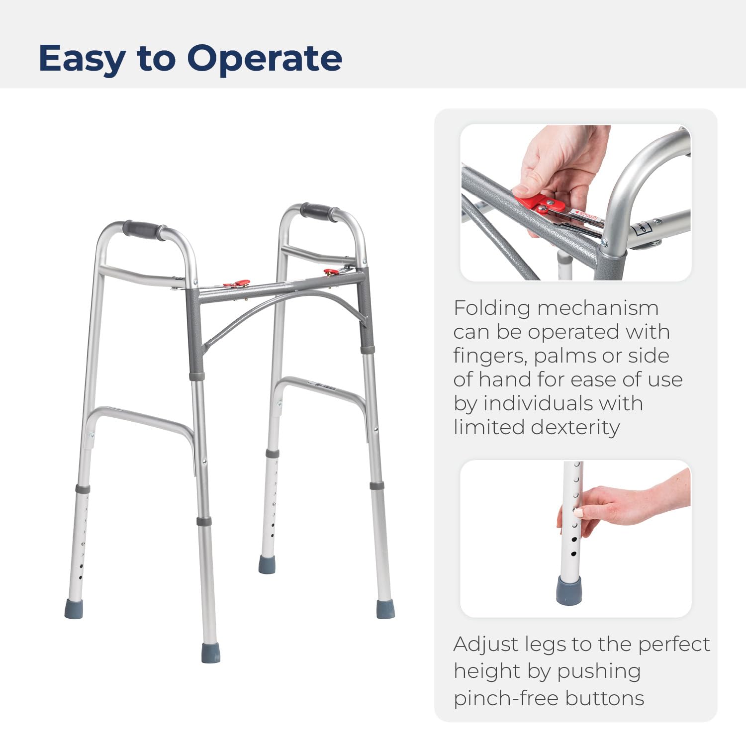 Drive Medical 2-Button Standard Foldable Walker for Seniors & Adults - Adjustable Legs - Lightweight Aluminum Construction - 350 Lb Weight Capacity - Basic Walking Aid - Silver