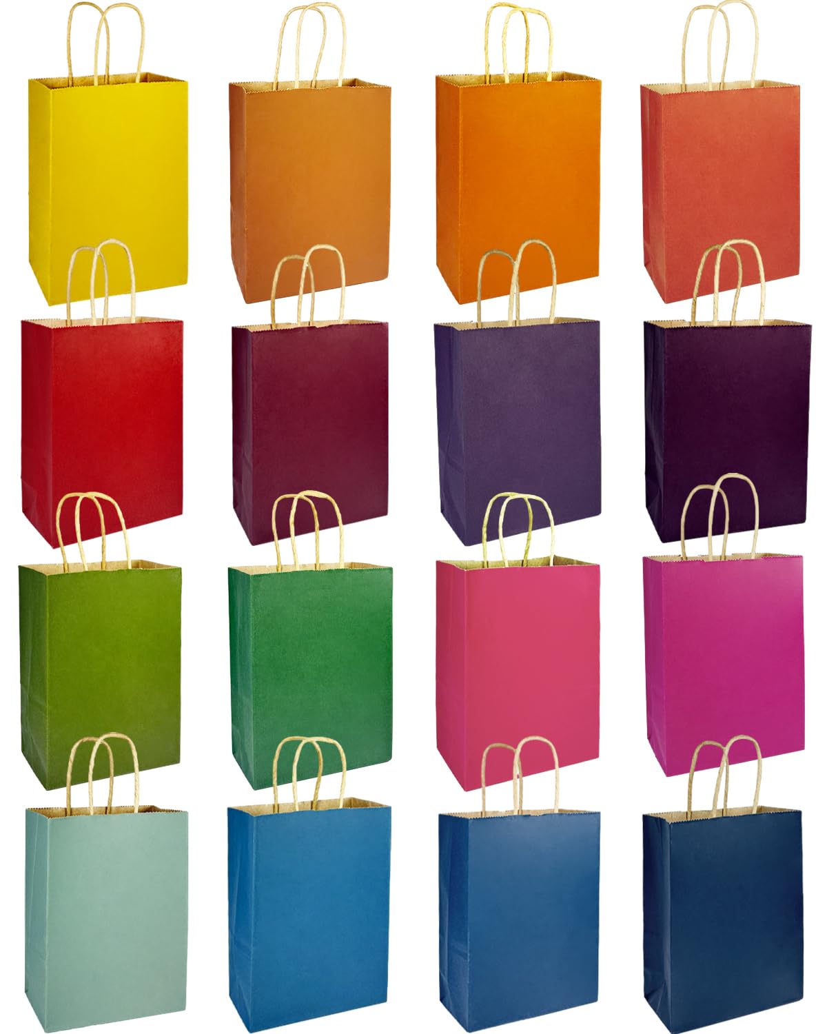 qiqee 32-Packs Paper Bags with Handles Bulk 8.26"×6"×3.15" Small Gift Bags 16 Different Senior Color Bags Multiple Uses（Small Size）