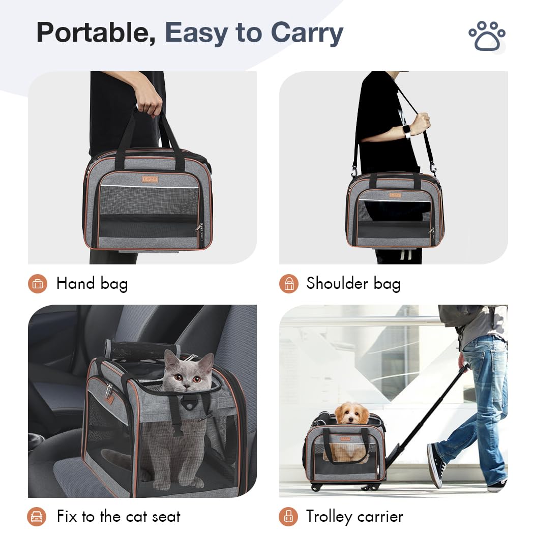 Lekebobor Dog Carrier with Wheels Rolling Pet Carrier Cat Carrier Airline Approved,Wheeled Pet Carrier with Telescopic Walking Handle,Grey