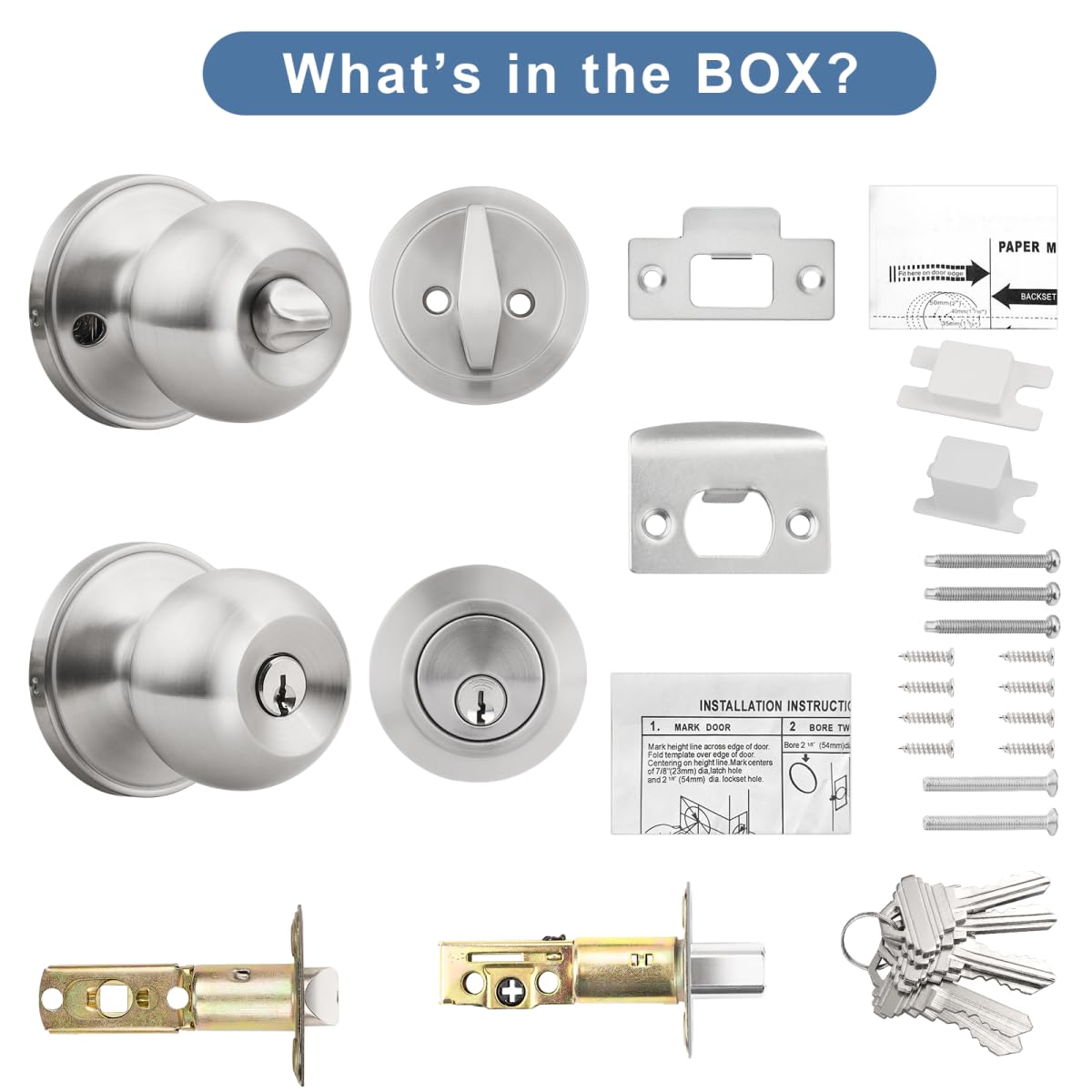 Knobonly Keyed Alike Exterior Door Knob, Round Outdoor Lock with One Sided Deadbolt, Stainless Steel, Satin Nickel Door Knobs, Silver Door Handle Sets, 6 Pack