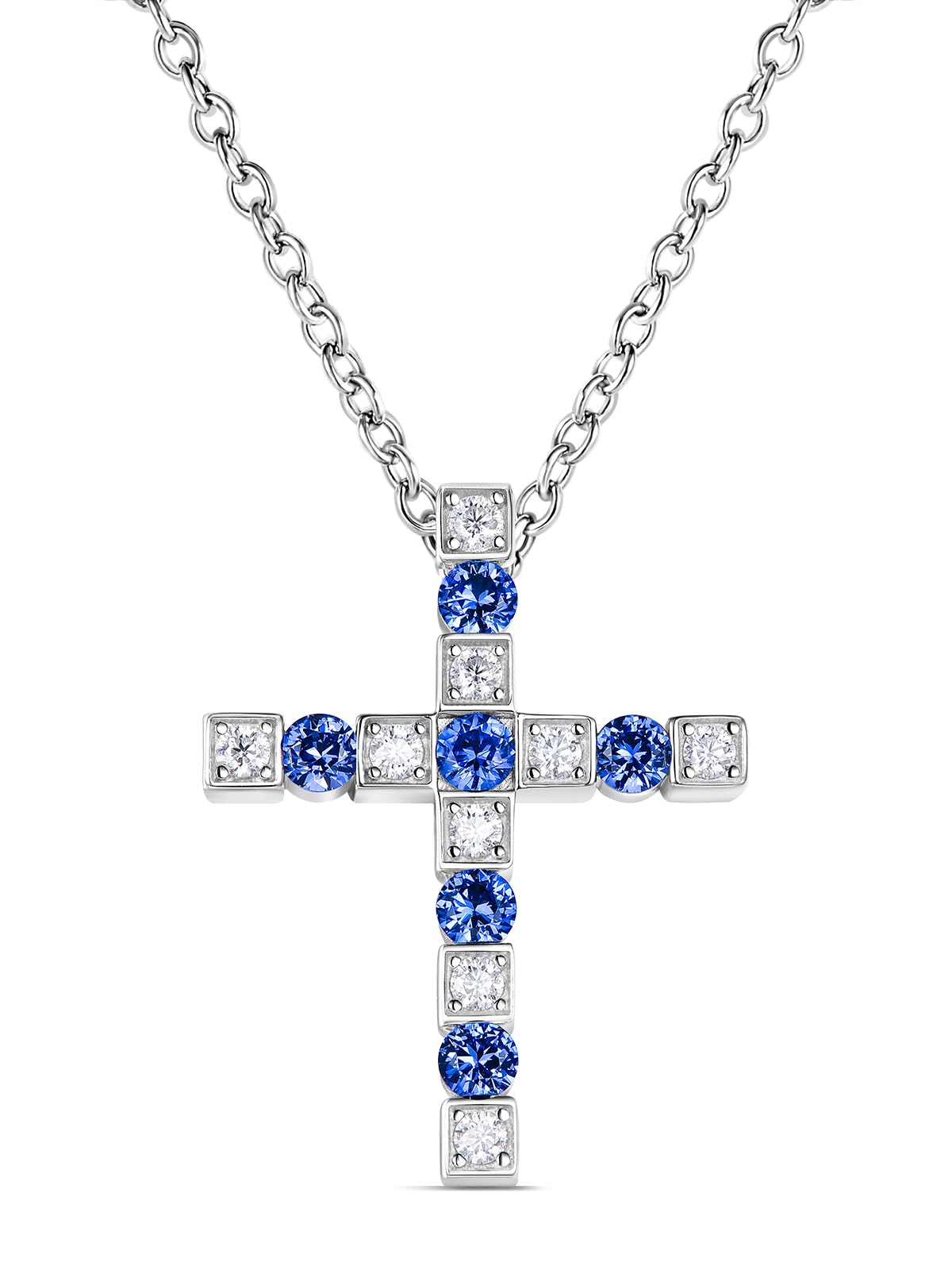 FWM Men Blue Cross Necklace 925 Sterling Silver Moissanite and Sapphire Cross Pendant for Women September Birthstone Gifts