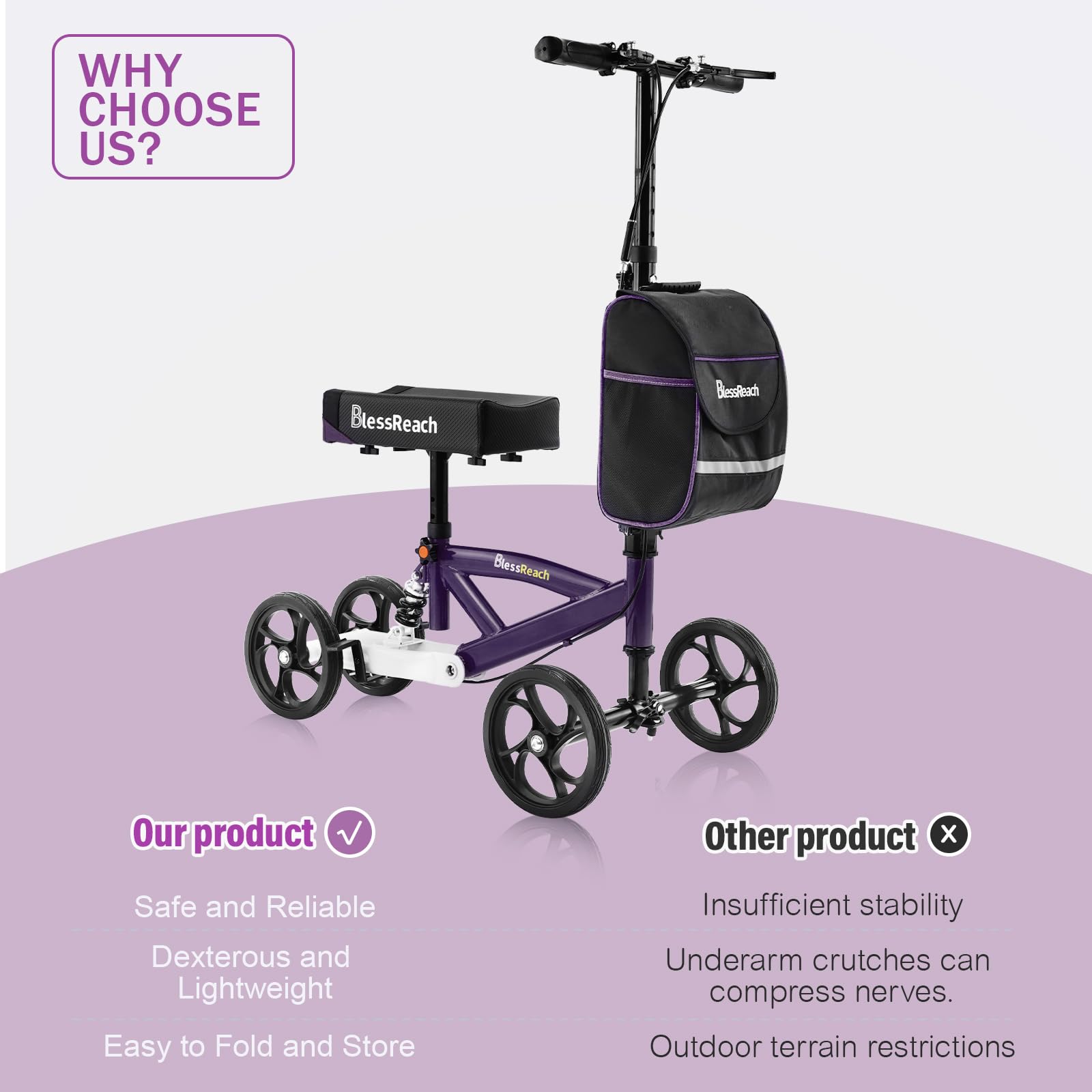 BlessReach Steerable Knee Walker Deluxe Medical Scooter for Foot Injuries Compact Crutches, with Dual Rear on-Wheel Brake and Shock Absorption Under The Knee pad（Purple）