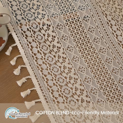 WAZZIO Boho Crochet Semi-Sheer Curtains - 108 Inch Long, 2 Panel Sets - Farmhouse Vintage Geometry Knitted Lace Beige Drapes with Retro Tassel for Living Room & Bedroom