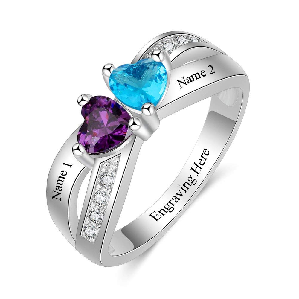 Personalized 2 Simulated Birthstone Rings for Women Mothers Ring with Names Custom Promise Rings for Women