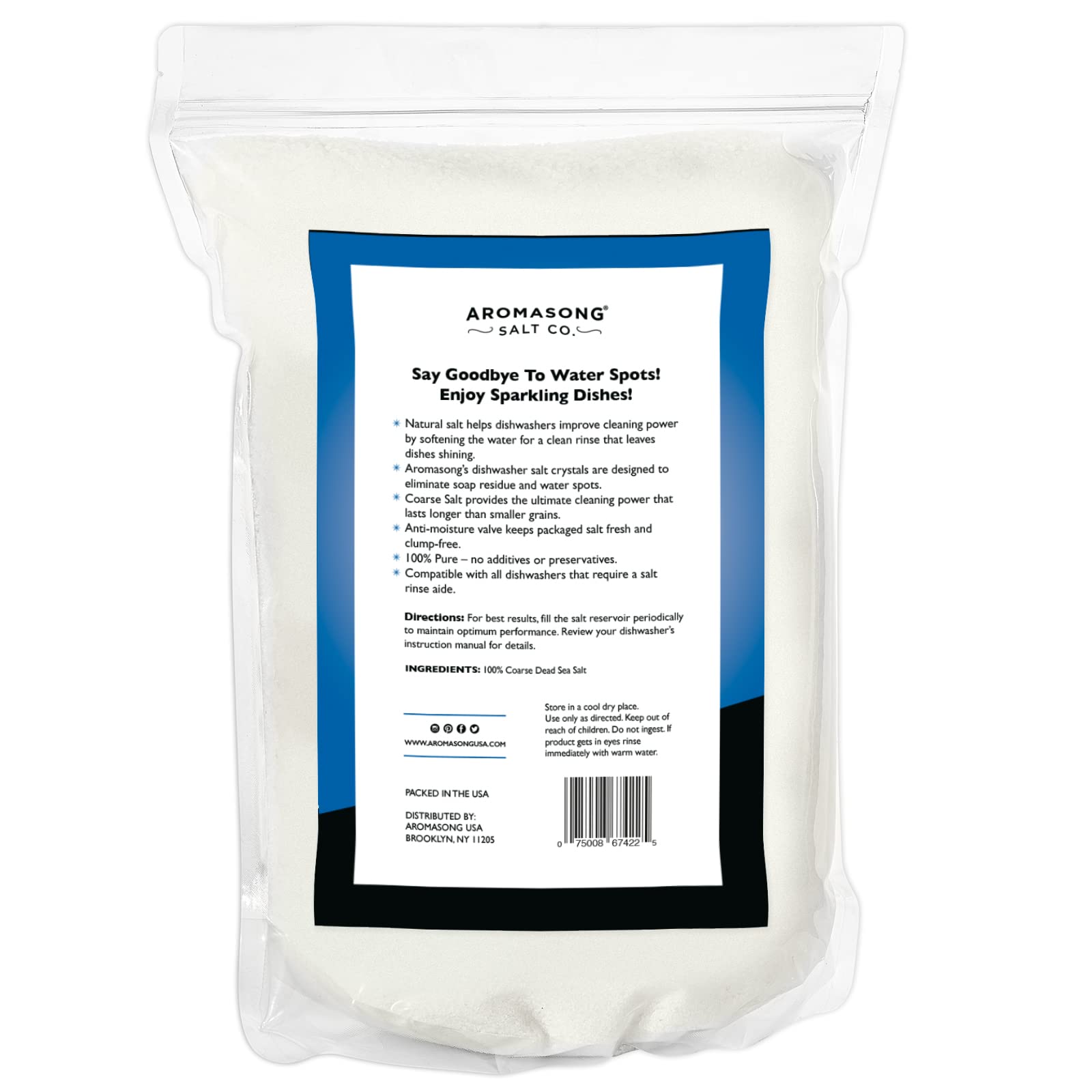 Aromasong Dishwasher Salt 19 LB - 100% Natural Water Softening Agent for Cleaner Dishes & Washer Reactivation Compatible with Bosch, Miele, Whirlpool, Thermador and More (packaging may vary)