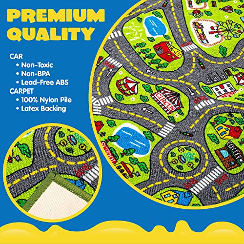JOYIN Carpet Playmat w/ 12 Cars Pull-Back Vehicle Set for Kids Age 3+, Jumbo Play Room Rug, City Pretend Play