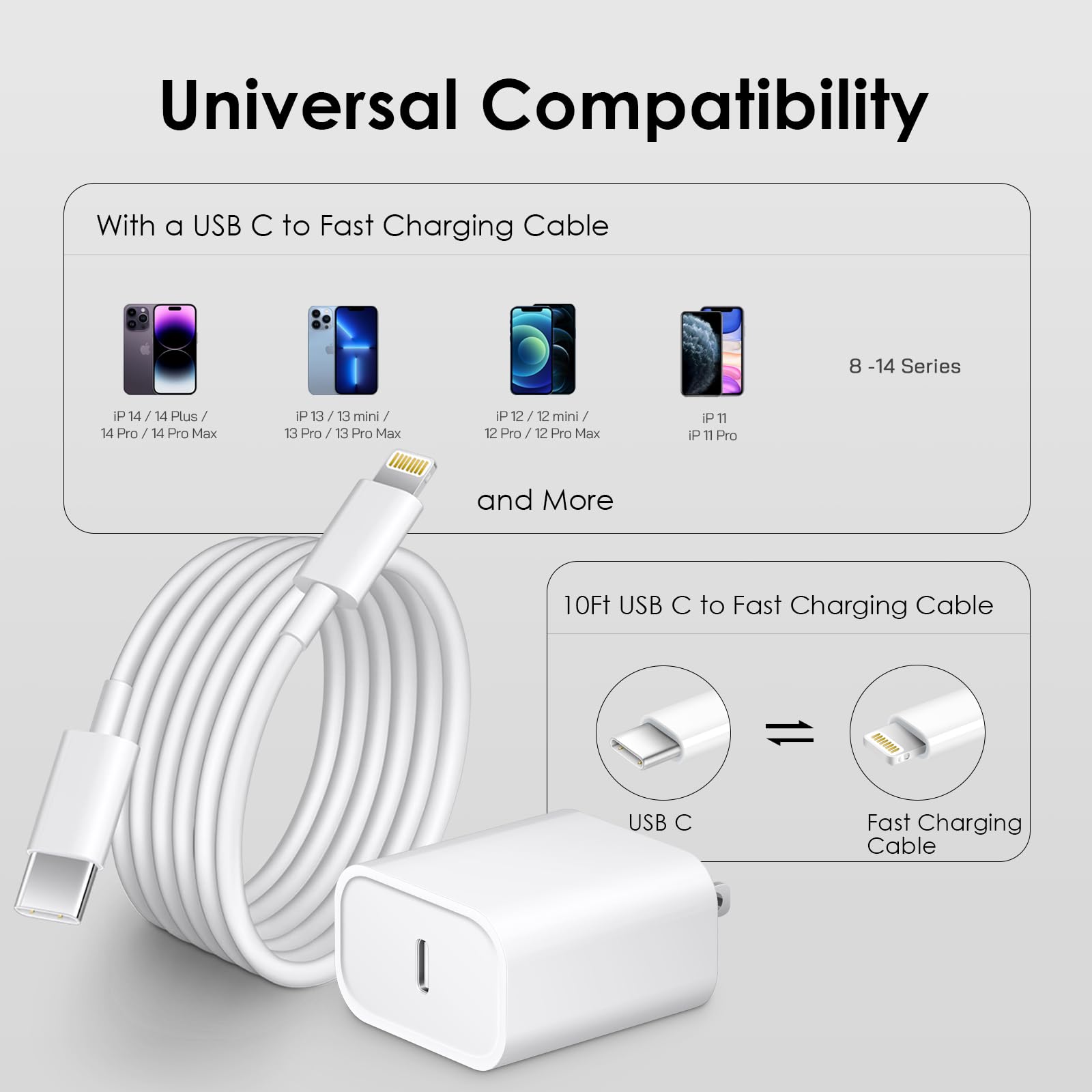 Phone 14 13 12 Fast Charger [MFi Certified] 10FT Type C Charger 2 Pack 20W USB C Charger Block with Fast Charging Cable for Phone 14/14 Pro/13/13Pro Max/12/12 Pro Max/11/XS/XR/X/8Plus