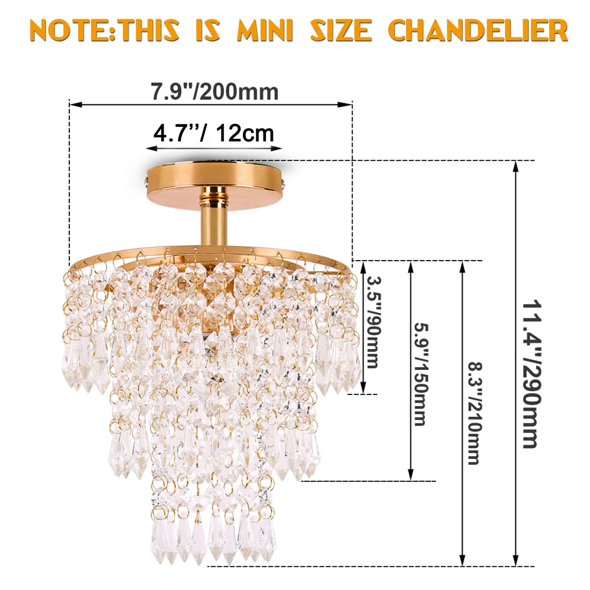 FRIXCHUR Mini Size Crystal Chandelier Modern Flush Mount Ceiling Light 3 Tiers Raindrops Crystal Pendant Lighting Fixture Decoration for Bedroom Hallway Living Room,E26 Base,Gold