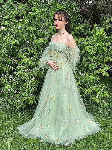 UZN Women's Flower Embroidery Prom Dresses Long Sleeveless Tulle Sweetheart Spaghetti Strap A-Line Formal Evening Party Gown Peacock Size 12