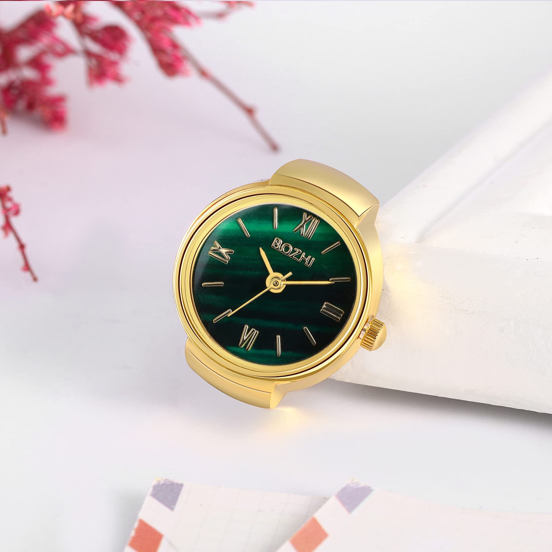 JewelryWe Men Women Finger Watches Set Gold/Silver Plated Elastic Watch Rings Green Dial Quartz Ring Watches