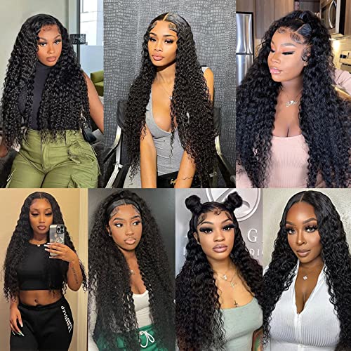 ABSFWIW 18Inch Deep Wave Lace Front Wigs Human Hair-13x4 HD Transparent Deep Wave Frontal Wigs Glueless Curly Wigs for Women 180% Density Curly Lace Front Wigs Human Hair Pre Plucked with Baby Hair
