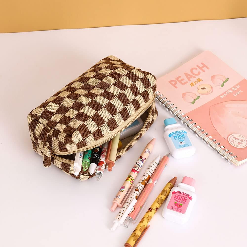 LYDZTION Large Capacity Makeup Bag Set - 3 Pieces Checkered Cosmetic Bag for Women Travel Makeup Bag Organizer Cute Makeup Brushes Storage Bag Travel Toiletry Bag Storage Bag for Women,Brown