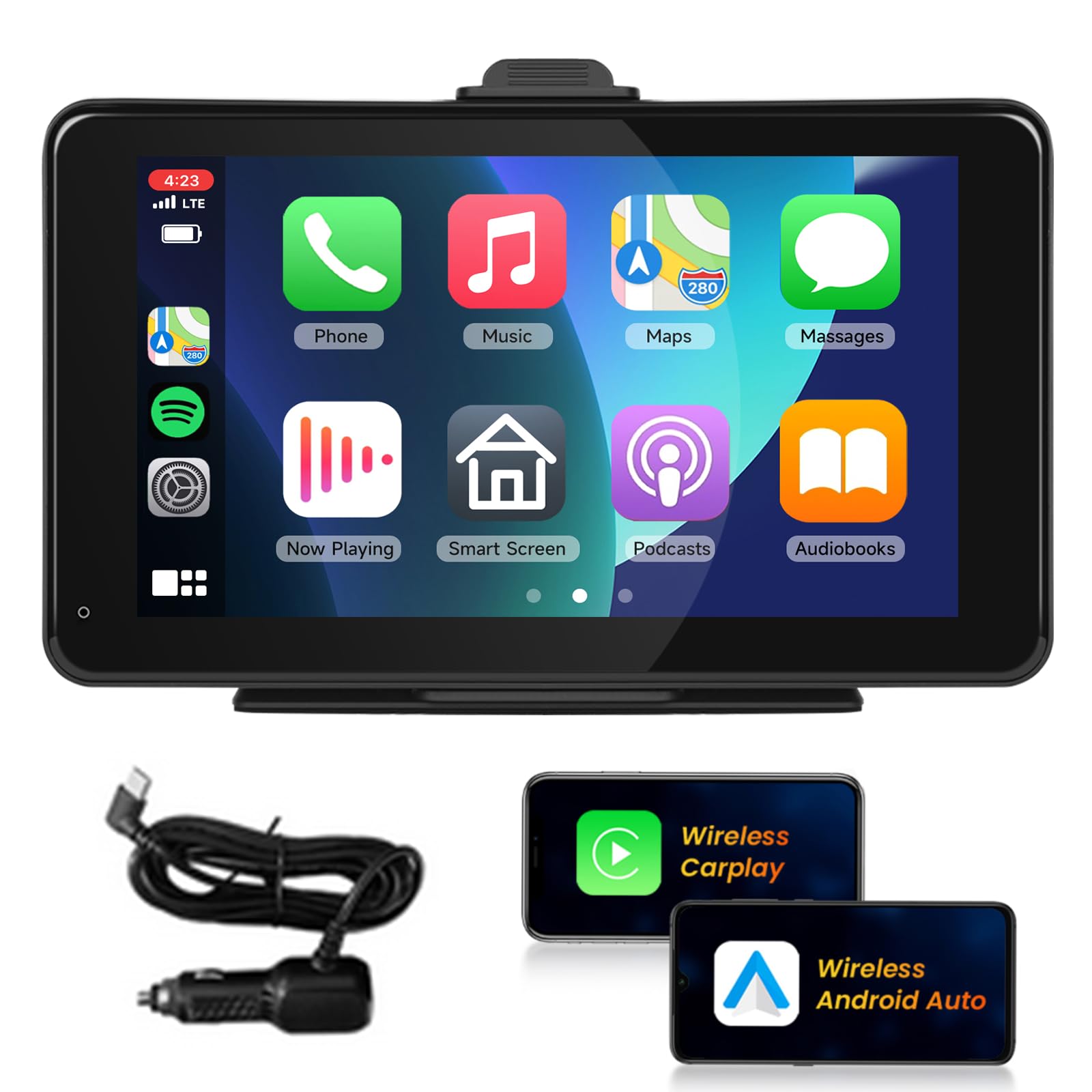 Portable Wireless CarPlay Screen for Car,7inch 1080P HD IPS Touchscreen Car Stereo with Wireless Android Auto,Portable Car Radio Support HD Backup Camera,Mirror Link,Bluetooth,FM,GPS,Voice Control,AUX