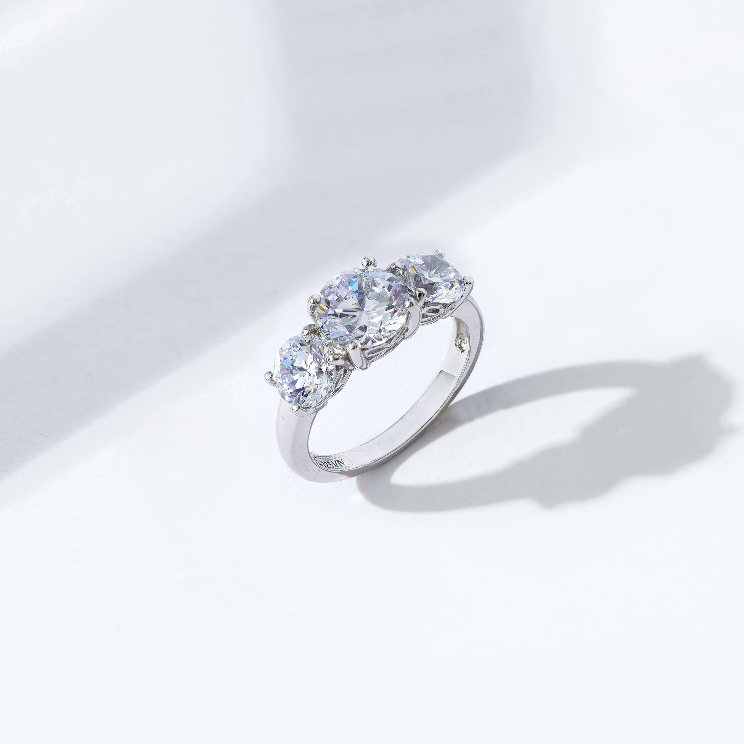 Amazon Essentials Platinum-Plated Sterling Silver Round 3-Stone Ring made with Infinite Elements Cubic Zirconia (4 cttw), Size 5, (previously Amazon Collection)