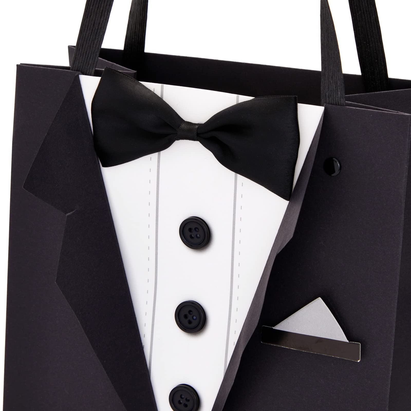 6 Pack Gift Bags with 3D Tuxedo Design, Satin Bow Tie, Real Buttons for Wedding Groomsmen Gifts for Bachelor Birthday, Bachelor Party Gift Favors Celebration (Black, 8 x 4.5 x 10 Inches)