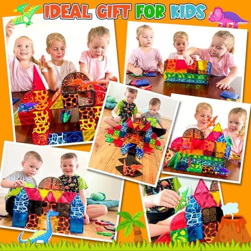 Dinosaur Toys Magnetic Tiles Lava Dinosaur World Set - Kids Games for 3+ Year Old Boys & Girls, Magnetic Blocks for Kids Ages 3-4 5-7 8-13 STEM Preschool Learning Montessori Toddler Toys