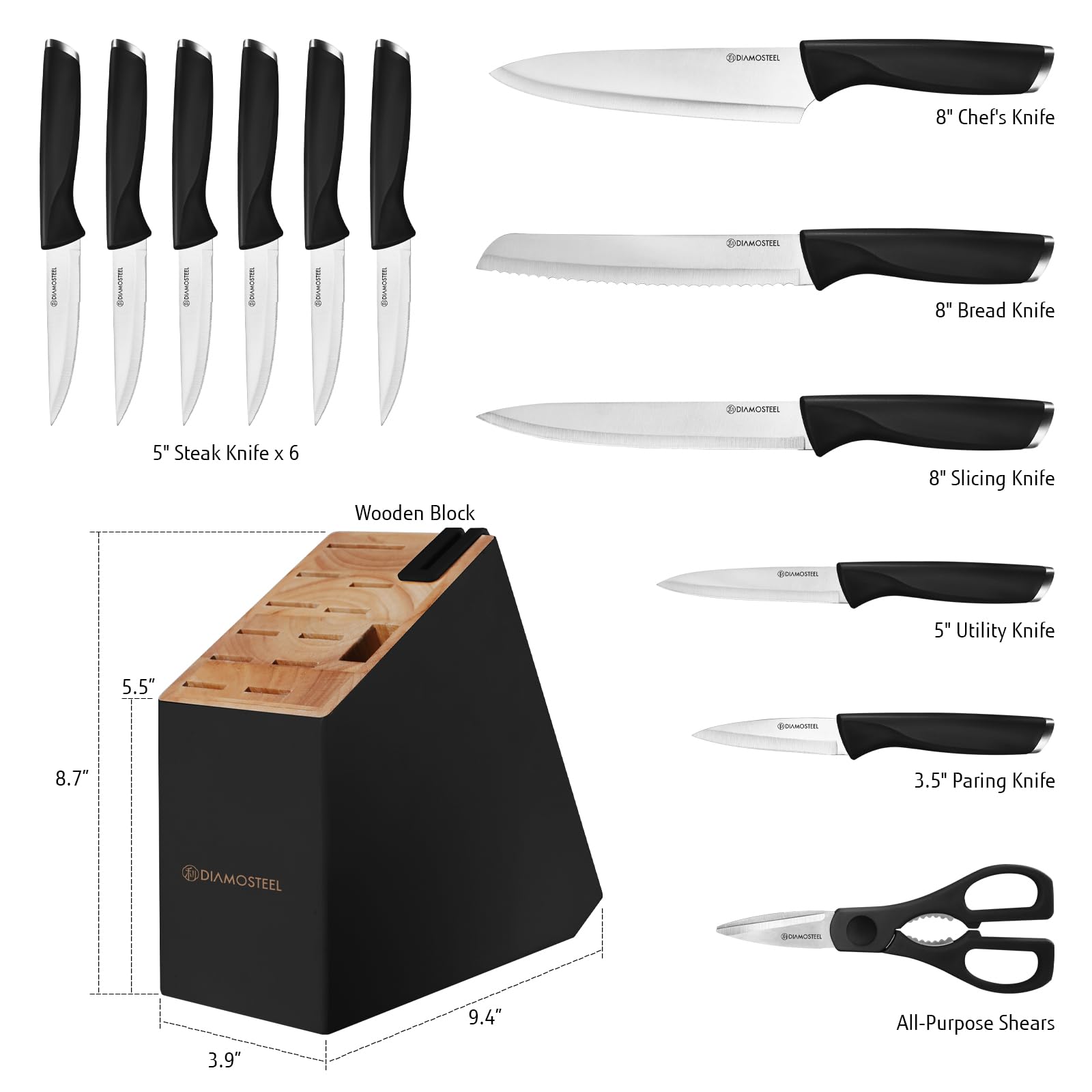 diamosteel 13 Pieces Black Knife Block Set with Built-in Sharpener Scissors for Kitchen Meat & Vegetable Cutting, Present for Family & Restaurant