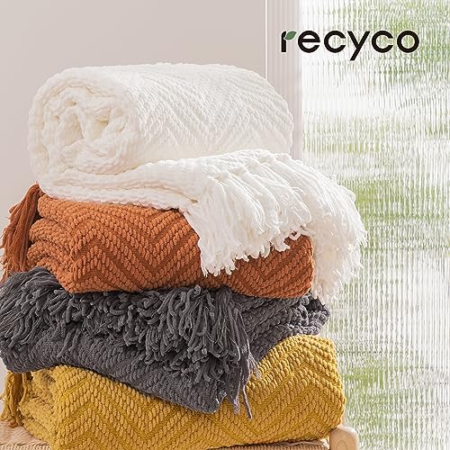 RECYCO Knit Chenille Throw Blanket, Textured Knitted Throw Blankets w/Tassels, Decorative Warm Soft Woven Throw for Couch Bed, Cream White, 50x60 in