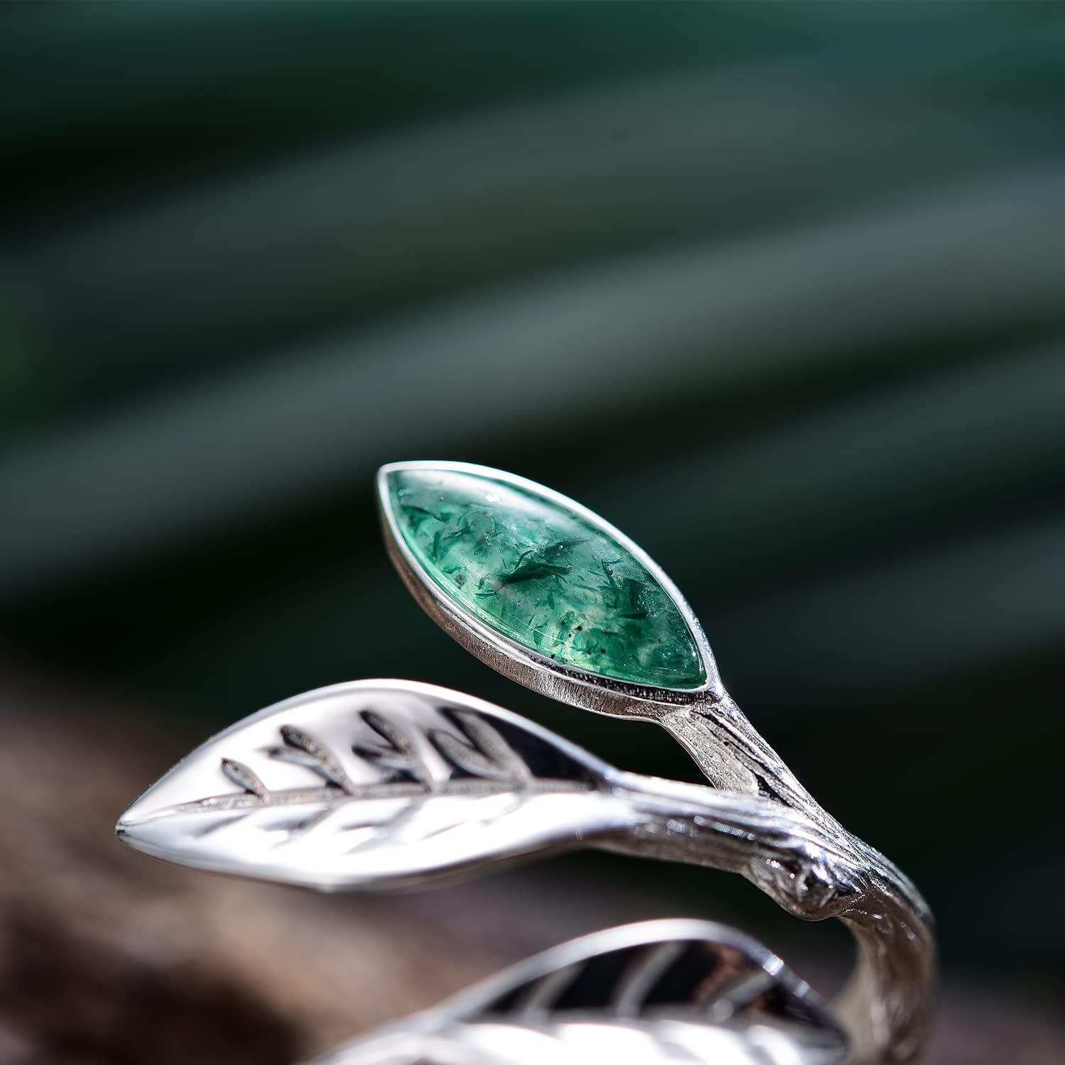 Lotus Fun S925 Sterling Silver Marquise Shape Jade Aventurine Open Leaf Ring Olive Leaf Ring Handmade Jewelry Unique Gifts for Women Mother Mom Wife