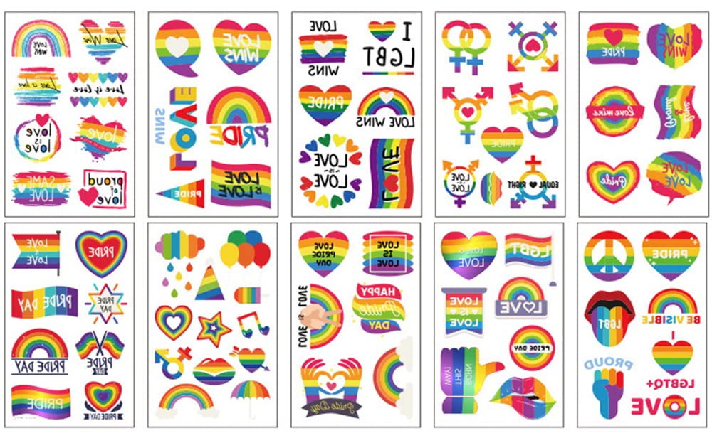 Rainbow Temporary Tattoos Pride Lover Tattoos 73 Pcs Heart Cloud Rainbow Tattoos Stickers Waterproof Removable Body Decals for Pride Day Lgbtq Gay Party Pride Celebration Birthday Party (10 sheet)