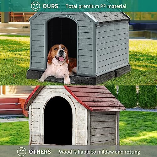 YITAHOME 34.5'' Large Plastic Dog House Outdoor Indoor Doghouse Puppy Shelter Water Resistant Easy Assembly Sturdy Dog Kennel with Air Vents and Elevated Floor (34.5''L*31''W*32''H, Black+Gray)