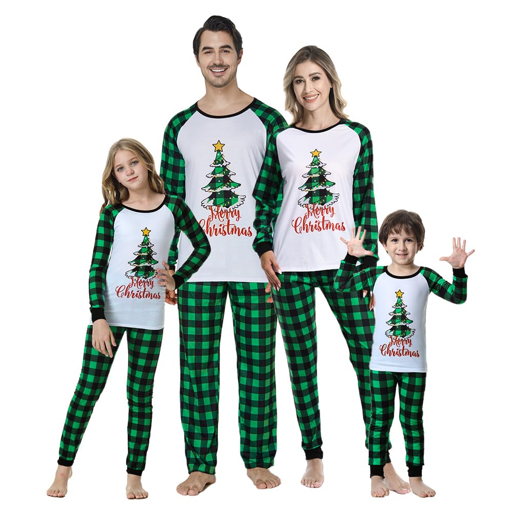 MyFav Matching Family Christmas Pajamas Xmas Tree Jammies for Adults and Kids Holiday Sleepwear,Green,Women-XS