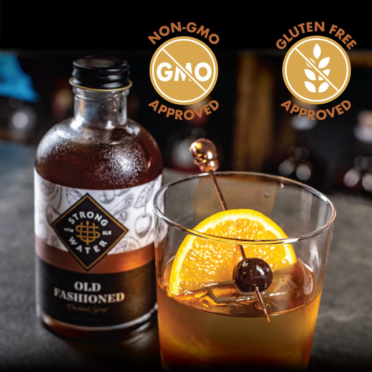 Strongwater Old Fashioned Mix - Makes 32 Cocktails - Handcrafted Old Fashioned Syrup with Bitters, Orange, Cherry, Organic Demerara Sugar - Craft Cocktail Mixer, Just Mix with Bourbon,Whiskey - 1 Pack