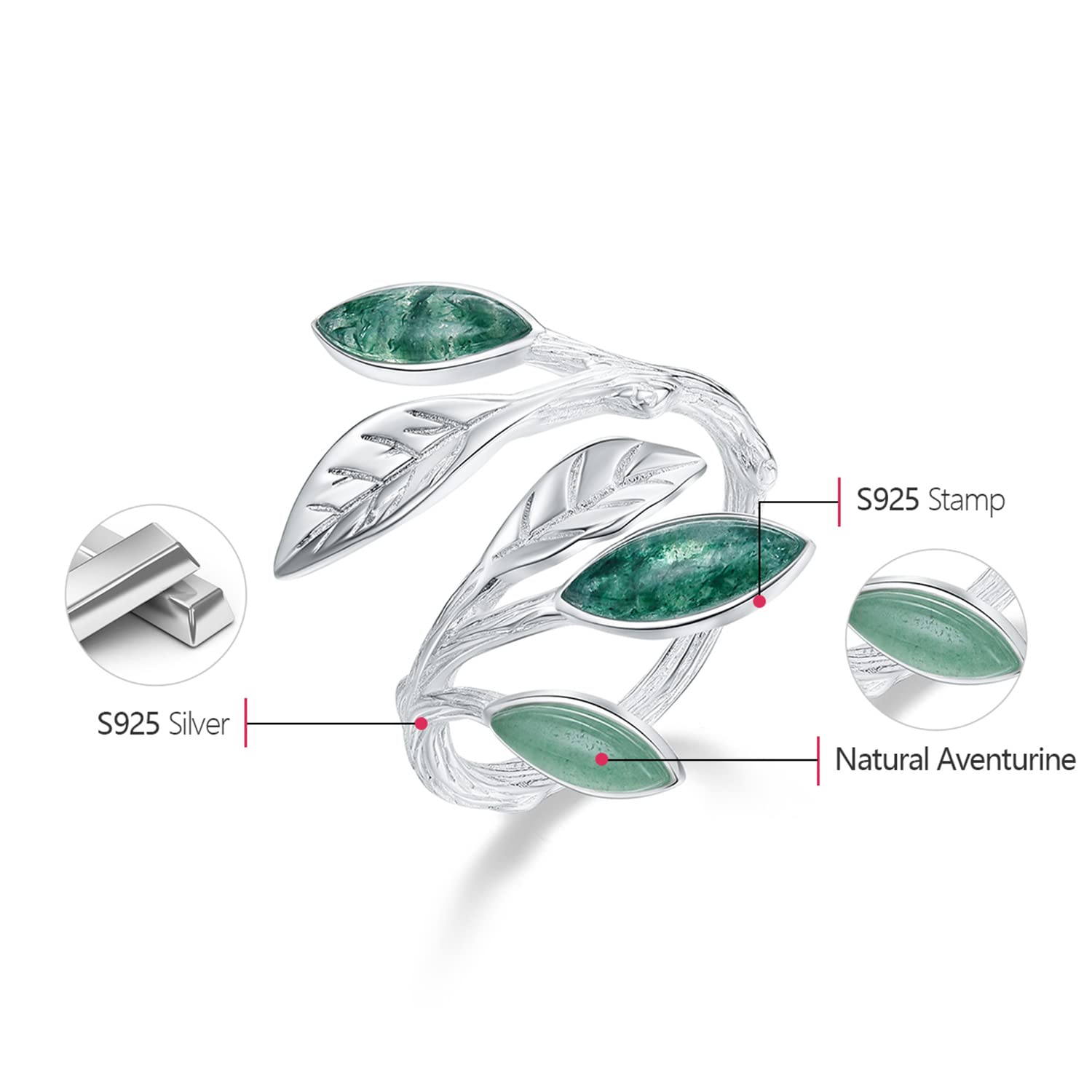 Lotus Fun S925 Sterling Silver Marquise Shape Jade Aventurine Open Leaf Ring Olive Leaf Ring Handmade Jewelry Unique Gifts for Women Mother Mom Wife