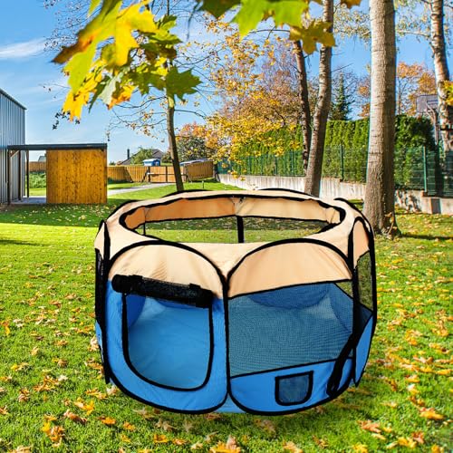 Pet Cat Playpen for Indoor Cats Enclosed,Portable Pet Dog Playpen,Puppy Small Dog Cat Tent Crates Cage,29x29x16,Blue/Beige,1Pack