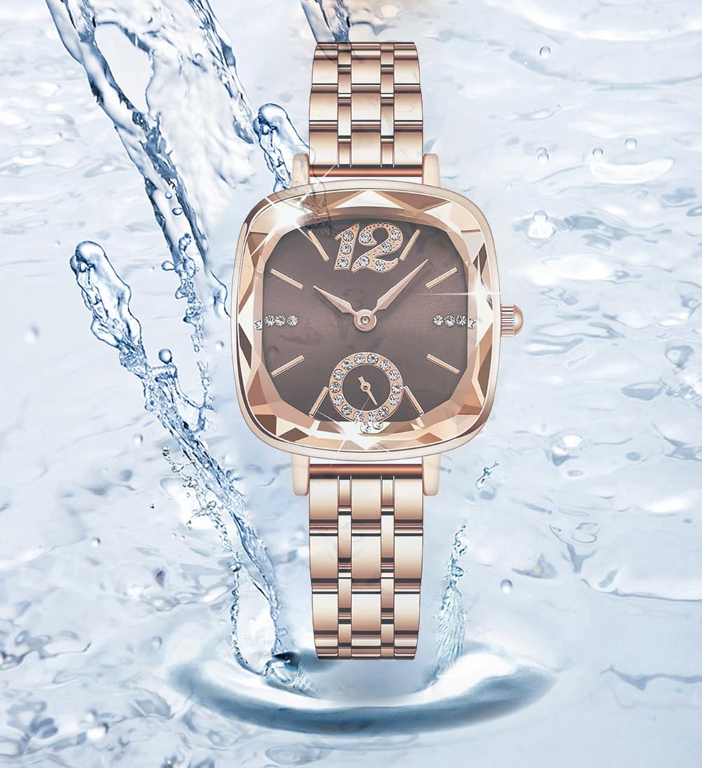 BESTKANG Women's Watch Square Diamond Dress Fashion Steel Belt Waterproof Quartz Wrist Watches for Women (Rose Gold Brown)