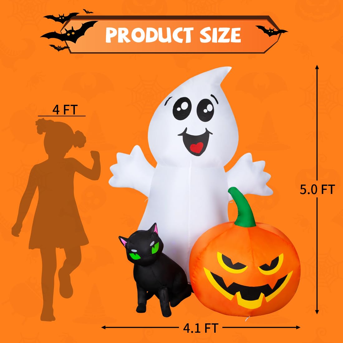 COMIN Halloween Inflatable 5FT Ghost with Black Cat and Pumpkin, Built-in LEDs Blow Up Yard Decoration for Party Outdoor Yard Garden Lawn