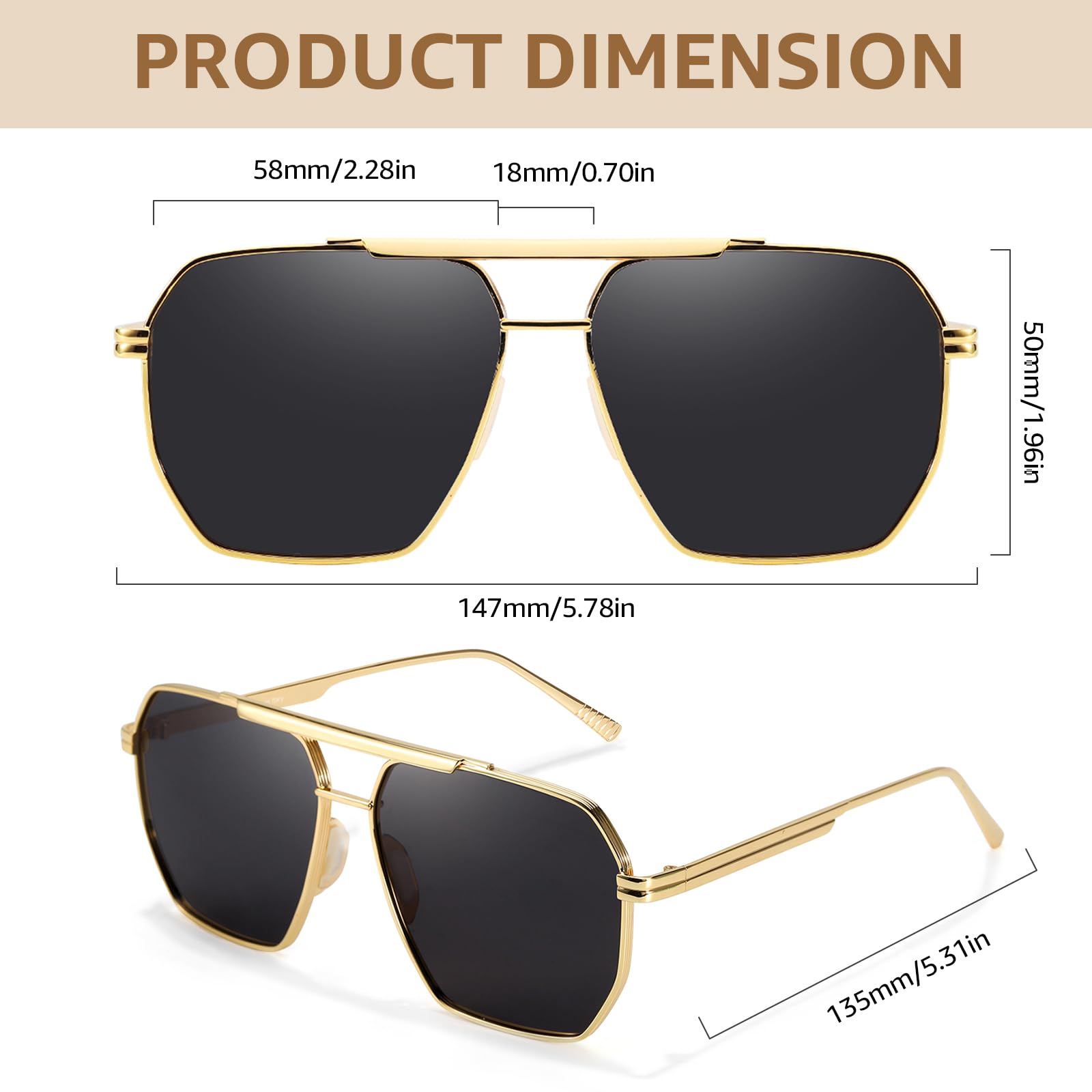 TJUTR Oversized Tangle‑Free Aviator Sunglasses for Women & Men, Polarized UV400 Shades, Square Metal Frame with Double‑Bridge