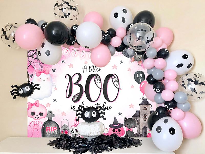 Mocsicka Halloween Baby Shower Backdrop for Girl Cute Spooky Ghost Boo Pumpkin Background A Little Boo is Almost Due Trick or Treat Party Decoration Photo Booth Props (Pink, 7x5ft(82''x60''))