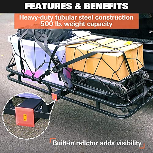 WEIZE 53 x 19 x 4-1/8 Inch Hitch Cargo Carrier, 500 lbs Capacity Steel Hitch Cargo Rack Basket with Net, Strap, Tightener for Car SUV Truck Traveling Camping, 2" Receiver