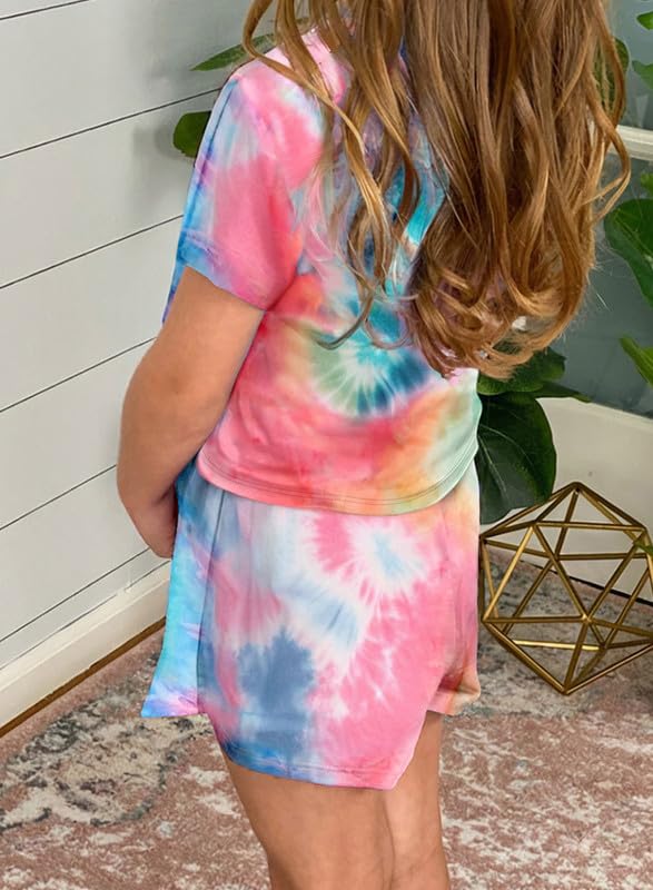 Dokotoo Girls Summer Casual Cute T-Shirt Shorts Outfits Set Short Sleeve Tops Tee Clothes Crew Neck Tie Dye Stretchy Drawstring Waist Shorts with Side Pockets 2024 Size 12-13 Pink