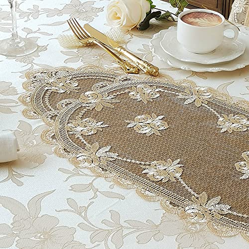 SUTAVIA Jacquard Lace Tablecloth Waterproof Farmhouse Floral Design Table Cover Classic Antique Flower Decor Macrame Elegant Tabletop Home Kitchen Dining(Champagne, Square, 33 x 33 Inch,1-3 Seats)