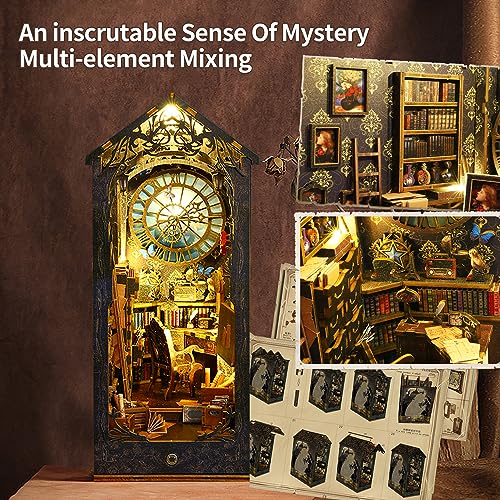 CRIOLPO Book Nook Kit - DIY Dollhouse Booknook, Book Nook Miniature Kit for Bookshelf Insert Decor Crafts for Adults Teen Halloween, 3D Wooden Puzzle Bookends with Sensor Led Light