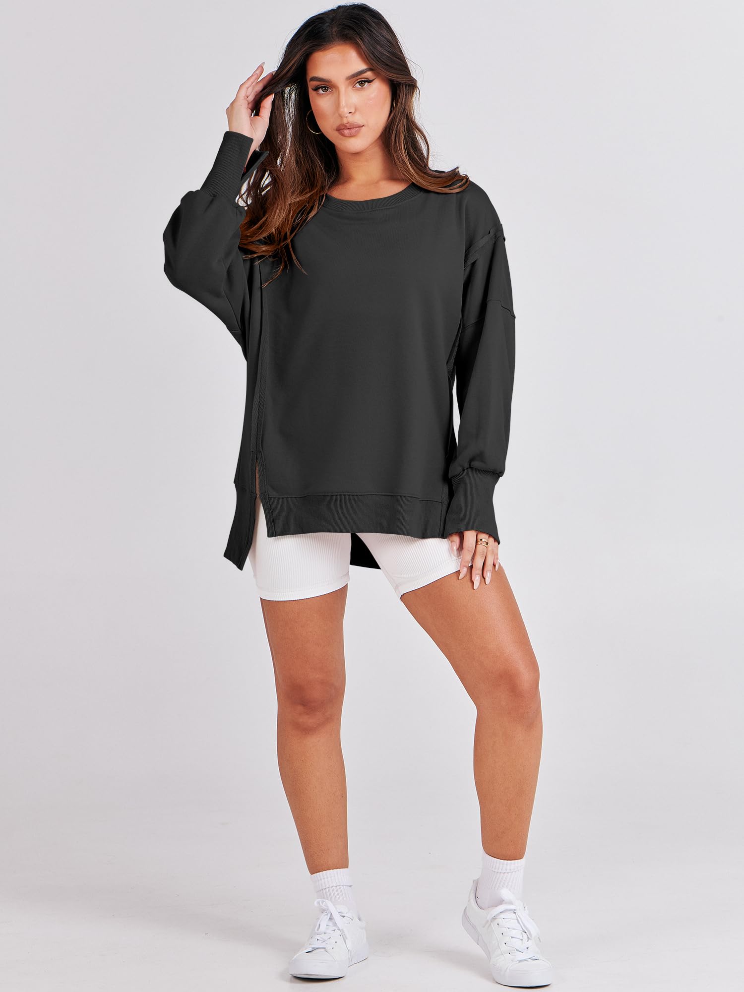 ANRABESS Women's Oversized Sweatshirt Crew Neck Long Sleeve Casual Slit Pullover Top Fall 2024 Teen Girl Preppy Clothes Black XXL