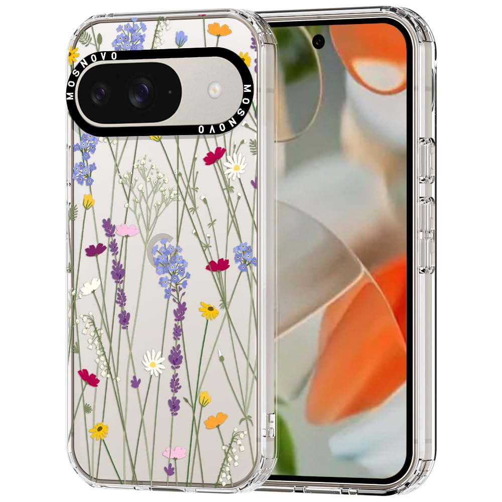 MOSNOVO Case for Google Pixel 9 & Pixel 9 Pro, [Buffertech 6.6ft Military-Grade Drop Protection] [Anti Peel Off Tech] Clear TPU Bumper Phone Case Cover Design - Floral Garden