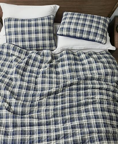 Chezmoi Collection Chad 2-Piece Printed Plaid Cotton Quilt Set Twin Size - Blue Green Light Beige Plaid - Stone Washed Cotton Breathable Lightweight Bedspread Set