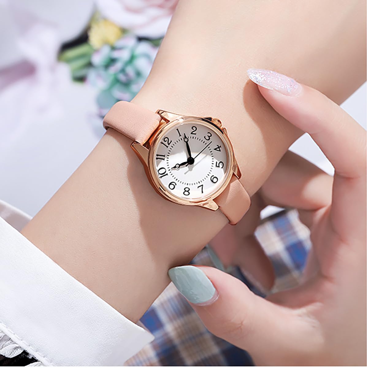 BESTKANG Women's Fashion Leather Strap Watch Easy - Read Dial Casual Quartz Wristwatch Waterproof Watch Women's Small Wrist Watch (Pink)