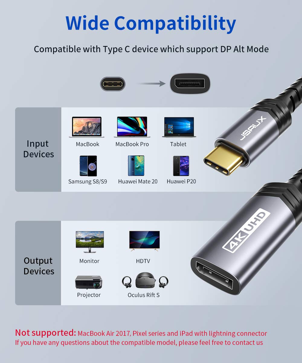 JSAUX USB C to DisplayPort Adapter 4K@60Hz, Type C to Display Port Cable Adapter Compatible with iPhone 15 Pro Max, MacBook Pro 2019 2018, Surface Book, Dell XPS, Samsung Galaxy S24 S23 Note 20-Grey