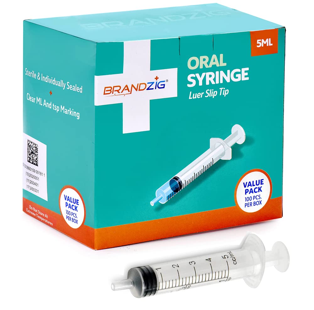 5ml Oral Syringes - 100 Pack – Luer Slip Tip, No Needle, Individually Blister Packed - Medicine Administration for Infants, Toddlers and Small Pets (No Cover)